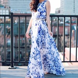 Eliza J. Belted Print Chiffon Maxi Dress